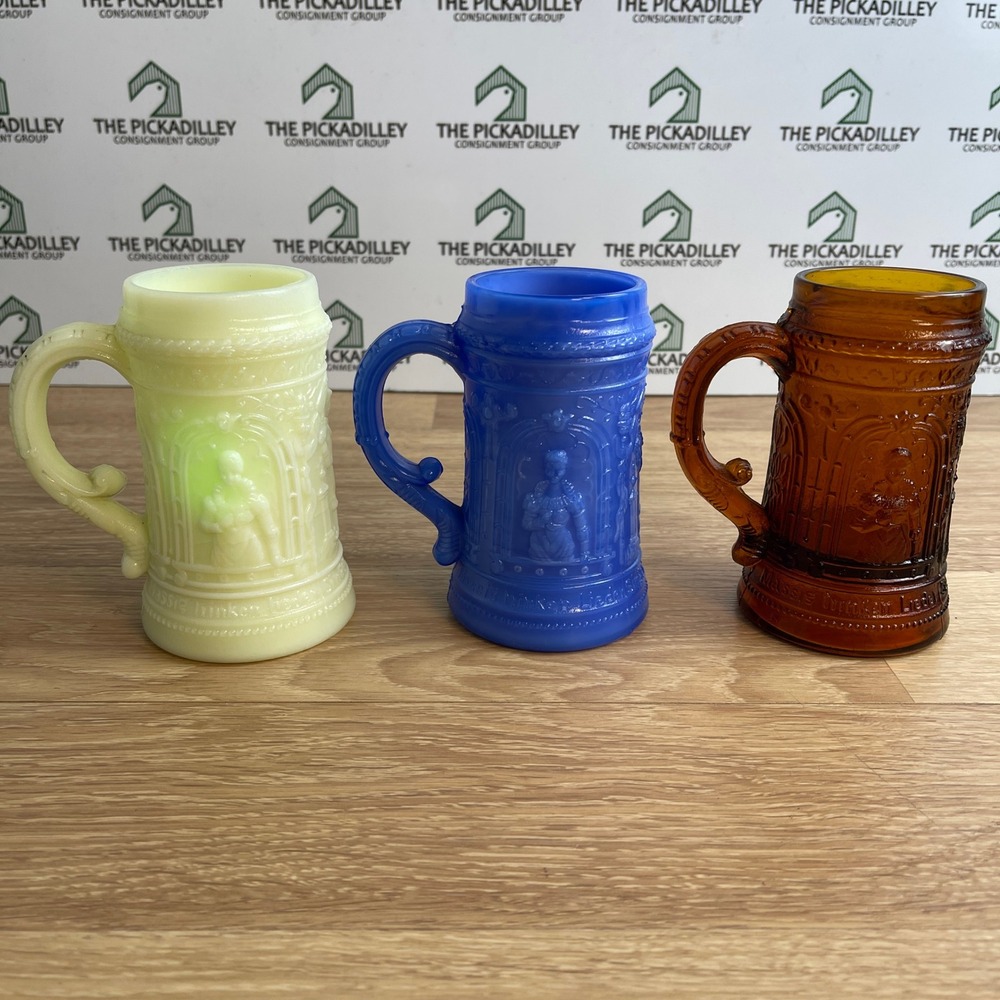 Westmoreland Glass Beer Stein Set 3 Custard Slag Amber UV Reactive German Mug